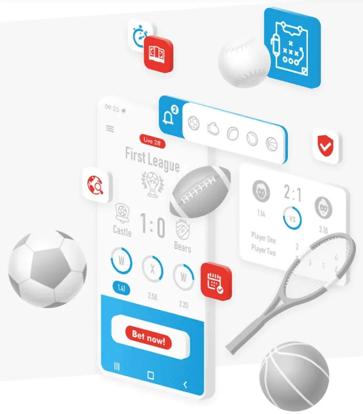 Ilustración de la app de Megapari: teléfono con un partido en vivo, pelotas de fútbol, tenis y básquet