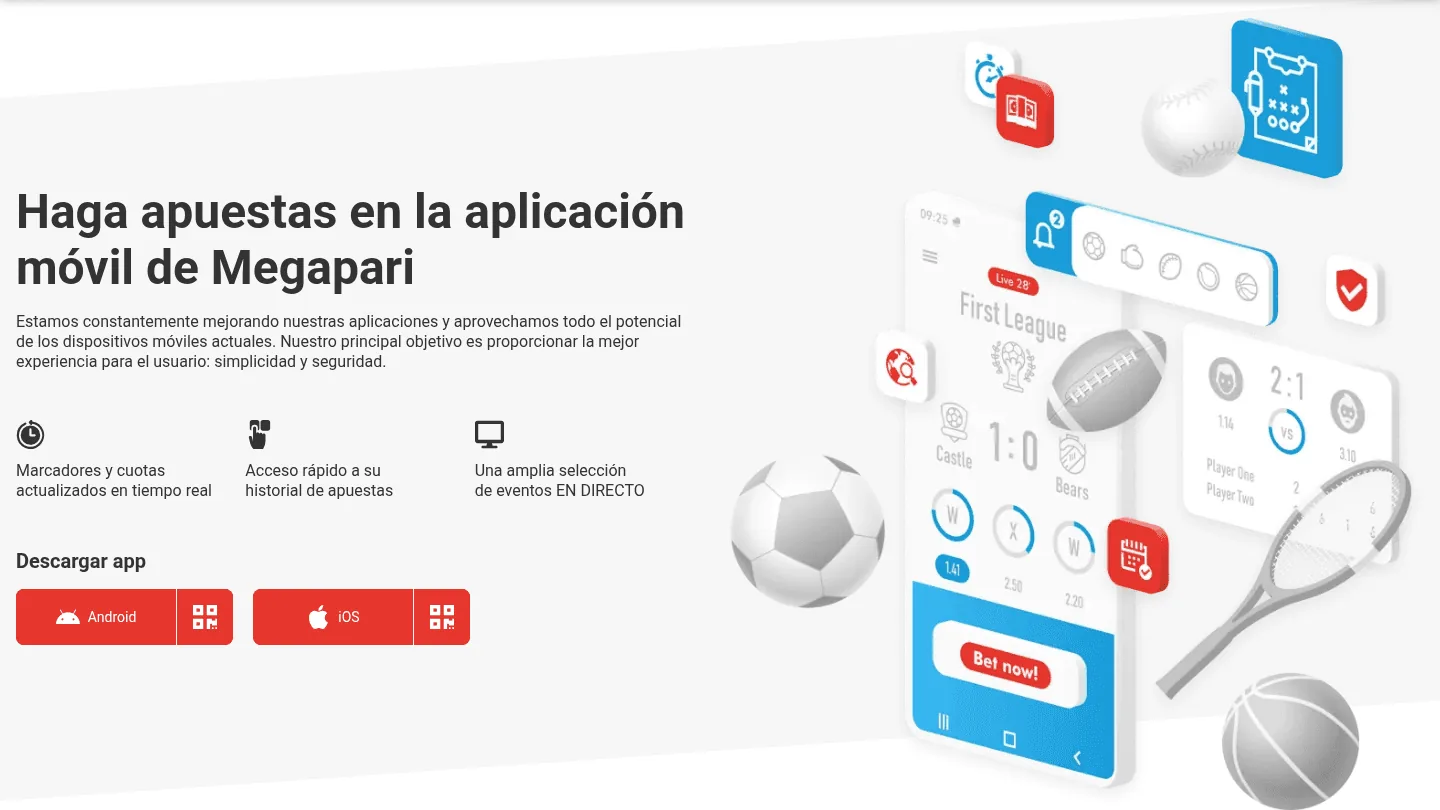 Página de la app de Megapari: botones de descarga para Android e iOS y tres funciones destacadas