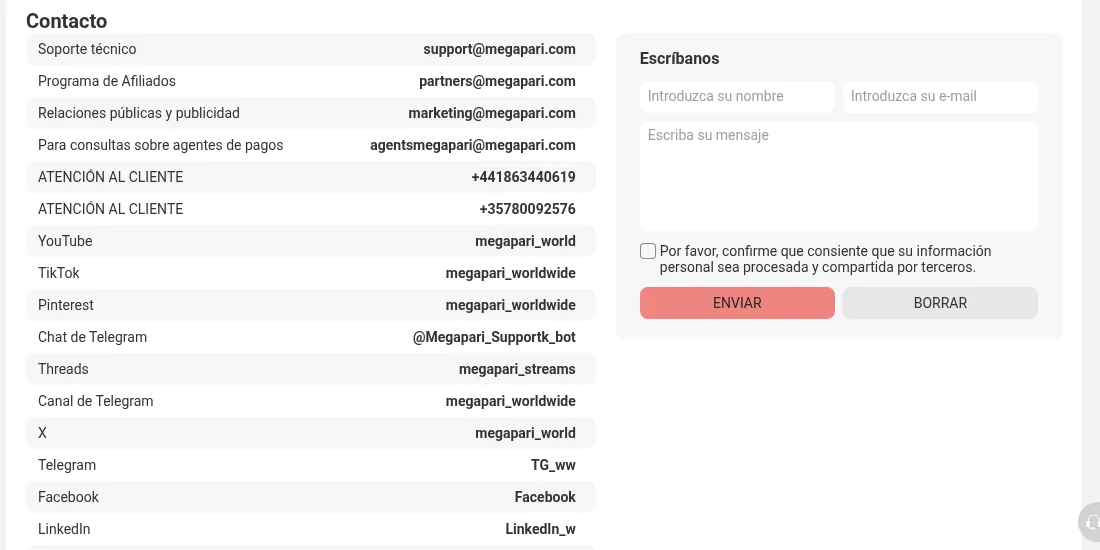 Tabla de contactos de Megapari: correos de soporte, afiliados, marketing y agentes de pago, dos teléfonos y canales sociales