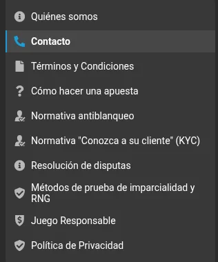 Menú de información de Megapari: Quiénes somos, Contacto, Términos, Normativa antiblanqueo, KYC, Resolución de disputas, RNG, Juego Responsable, Política de Privacidad
