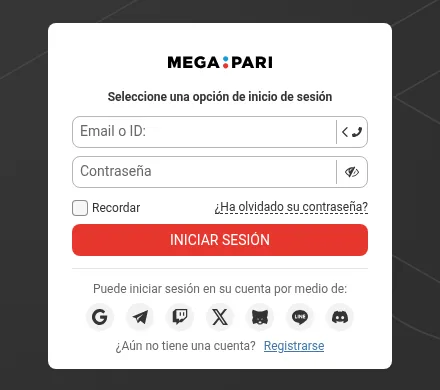 Ventana de inicio de sesión de Megapari: email o ID, contraseña, recordar, contraseña olvidada y siete botones de redes